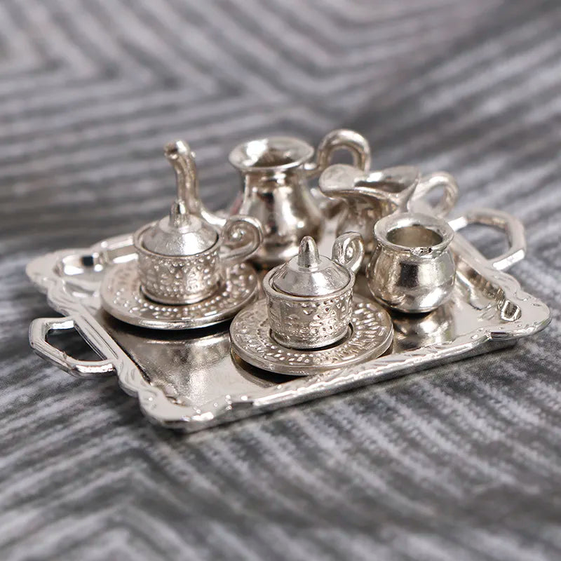 10Pcs/Set 1/12 Dollhouse Miniature Silver Metal Tea Coffee Tray Tableware Set For Dollhouse Decoration