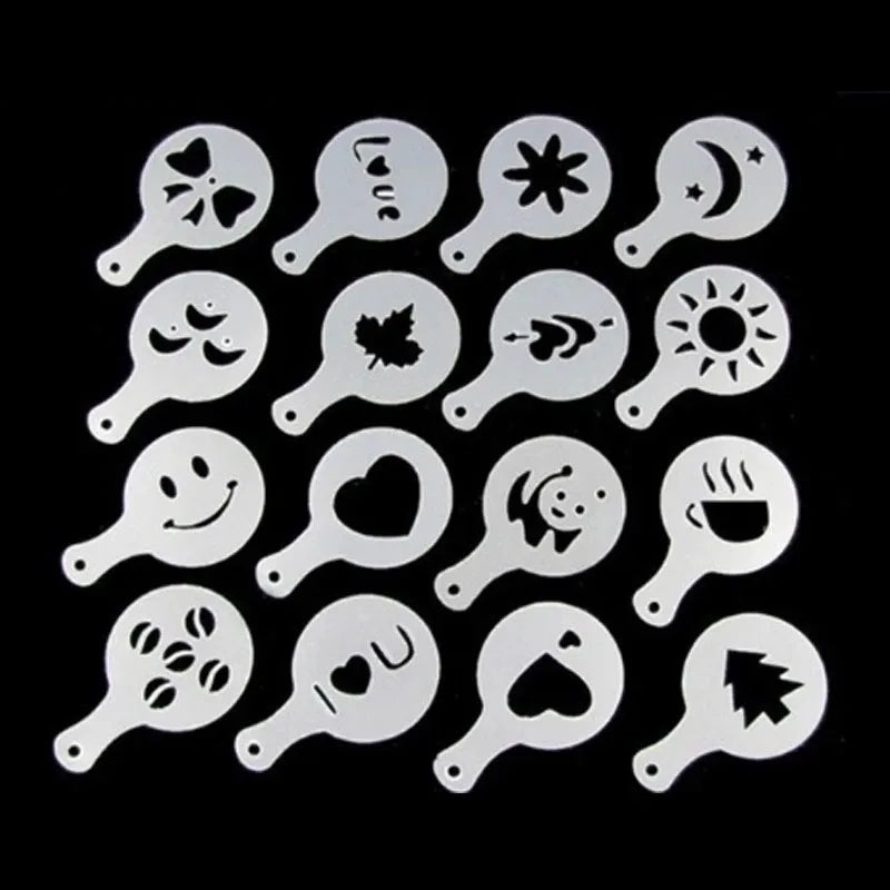 16pcs/set Of Fancy Coffee Printing Flower Mold Latte Coffee Cappuccino Mold Coffee Cake Decoration Cake Plastic Mold Template