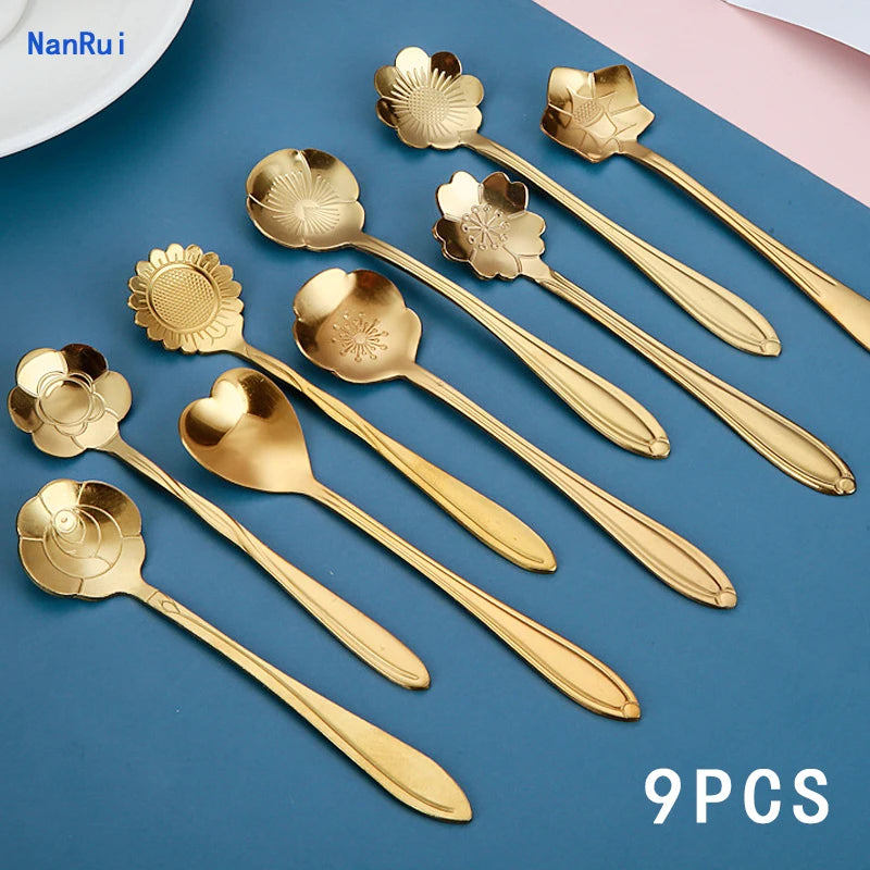 9Pcs Gold Tes Spoon Set Teaspoons Small Beautiful Flower Coffee Accessories Tableware Kitchen Ice Cream Dessert Spoon Decorative