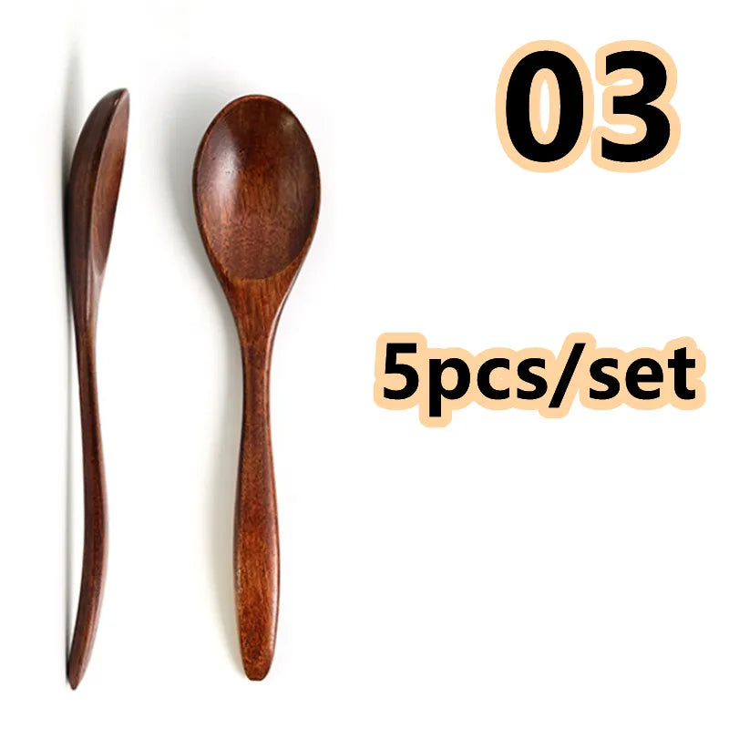5Pcs/set Wooden Spoon Wood Tableware Spoon Anti-Scald Tea Coffee Stirring Spoons Kitchen Cooking Utensil Tool Soup Teaspoon