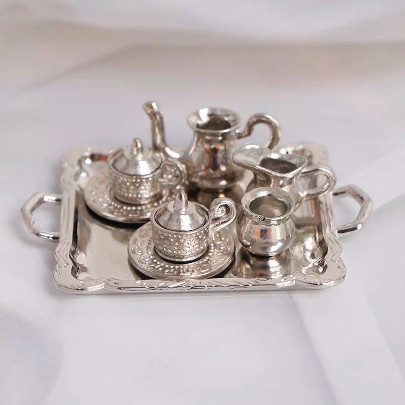 10Pcs/Set 1/12 Dollhouse Miniature Silver Metal Tea Coffee Tray Tableware Set For Dollhouse Decoration