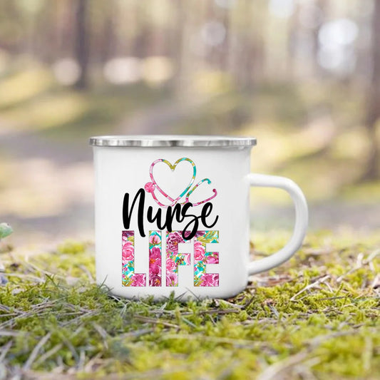 Nurse Life Print Mugs Creative Coffee Cups Drinks Dessert Breakfast Milk Cup Enamel Mugs Handle Drinkware Best Gifts for Nurse